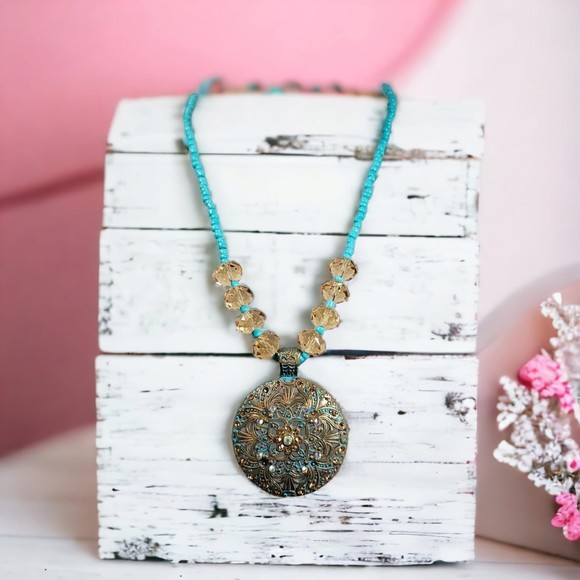 Bronze Statement Necklace Medallion Turquoise Champagne AB Bead Rhinestone - Picture 1 of 11